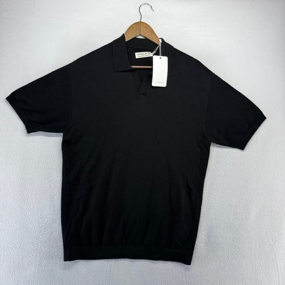 Collars Co Polo Shirt Mens Medium Black Johnny Collar Silk Blend Knit Luxury NEW